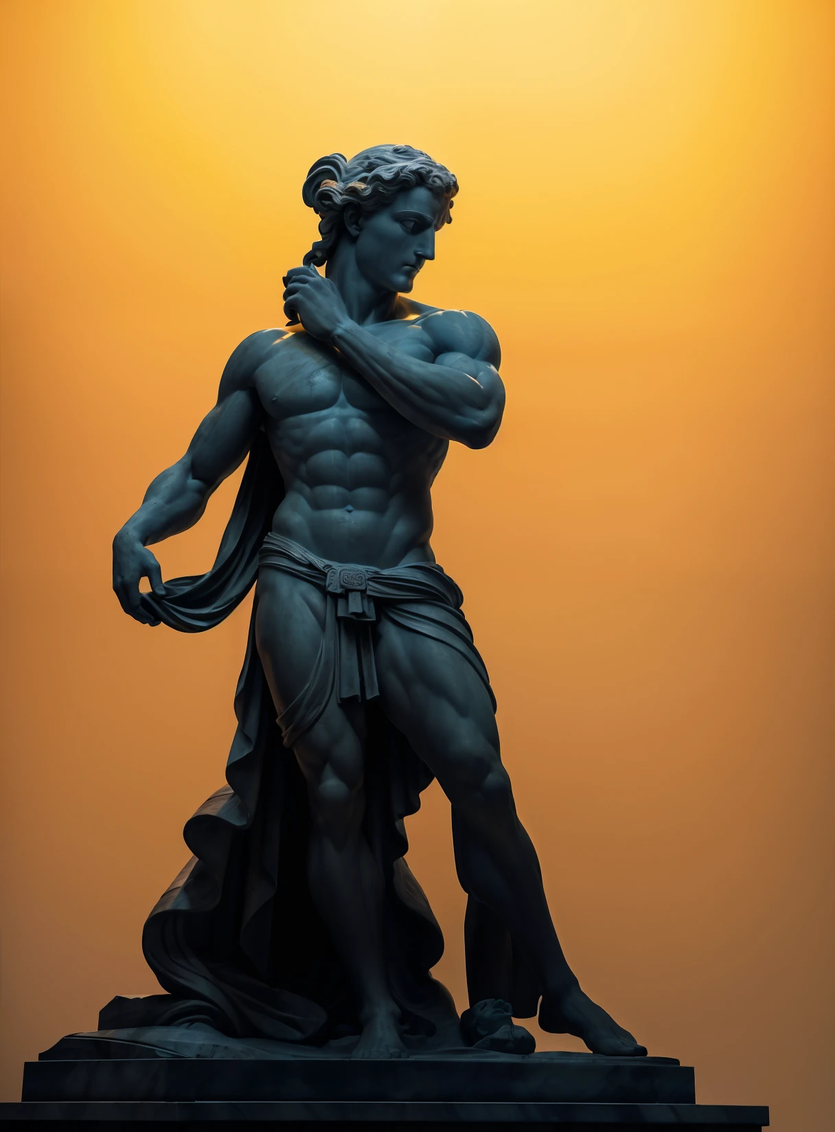 Classic statue standing with a simple background, looking towards the right