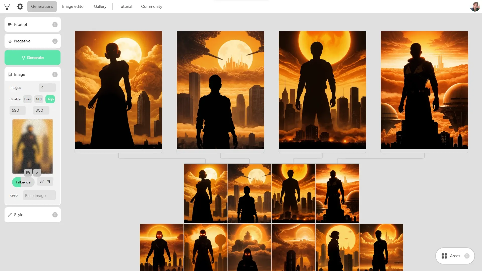 Arthemy software screenshot showing variations of a yellow and orange starting picture, all generated with Arthemy for free