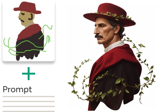 Simple sketched illustration of an Italian Renaissance man wearing a hat, surrounded by thorns
